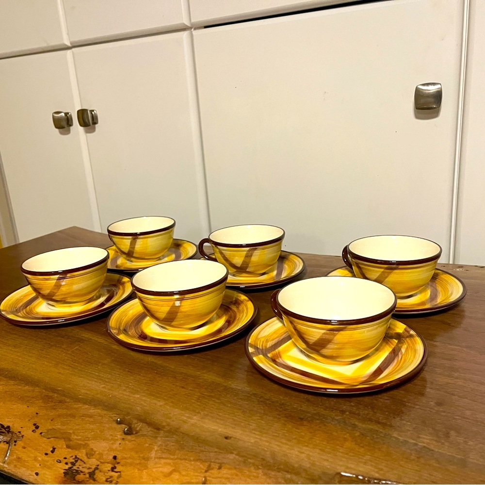 6 Vintage Vernonware Organdie Tea Cup and Saucer Sets Hand Painted